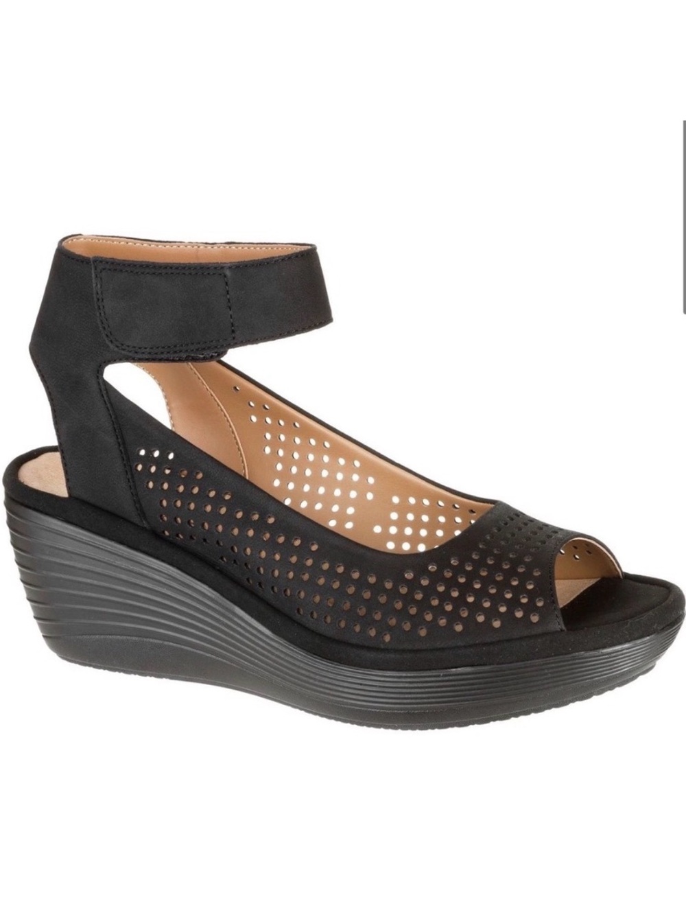 Clarks Collection Black Perforated Reedly Salene
Sandal Wedges Women's Size 7 M